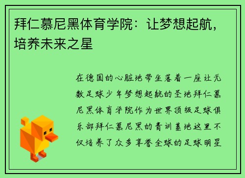 拜仁慕尼黑体育学院：让梦想起航，培养未来之星